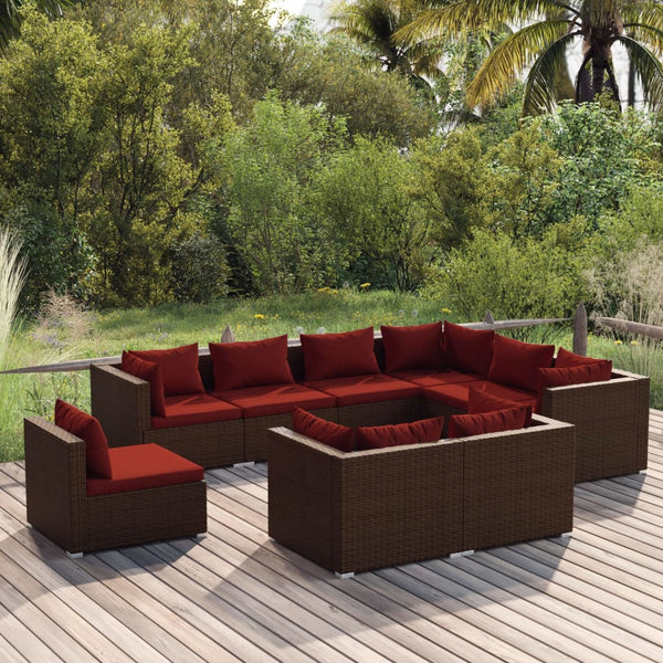 vidaXL 9-piece Garden Lounge Set with Cushions Poly Rattan Brown
