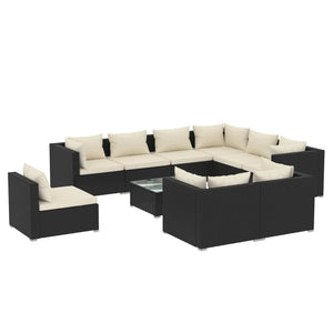 vidaXL 10-piece Garden Lounge Set with Cushions Poly Rattan Black