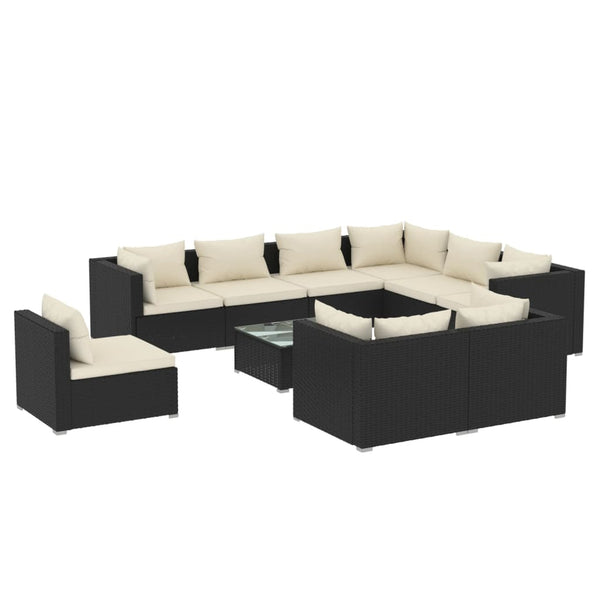 vidaXL 10-piece Garden Lounge Set with Cushions Poly Rattan Black