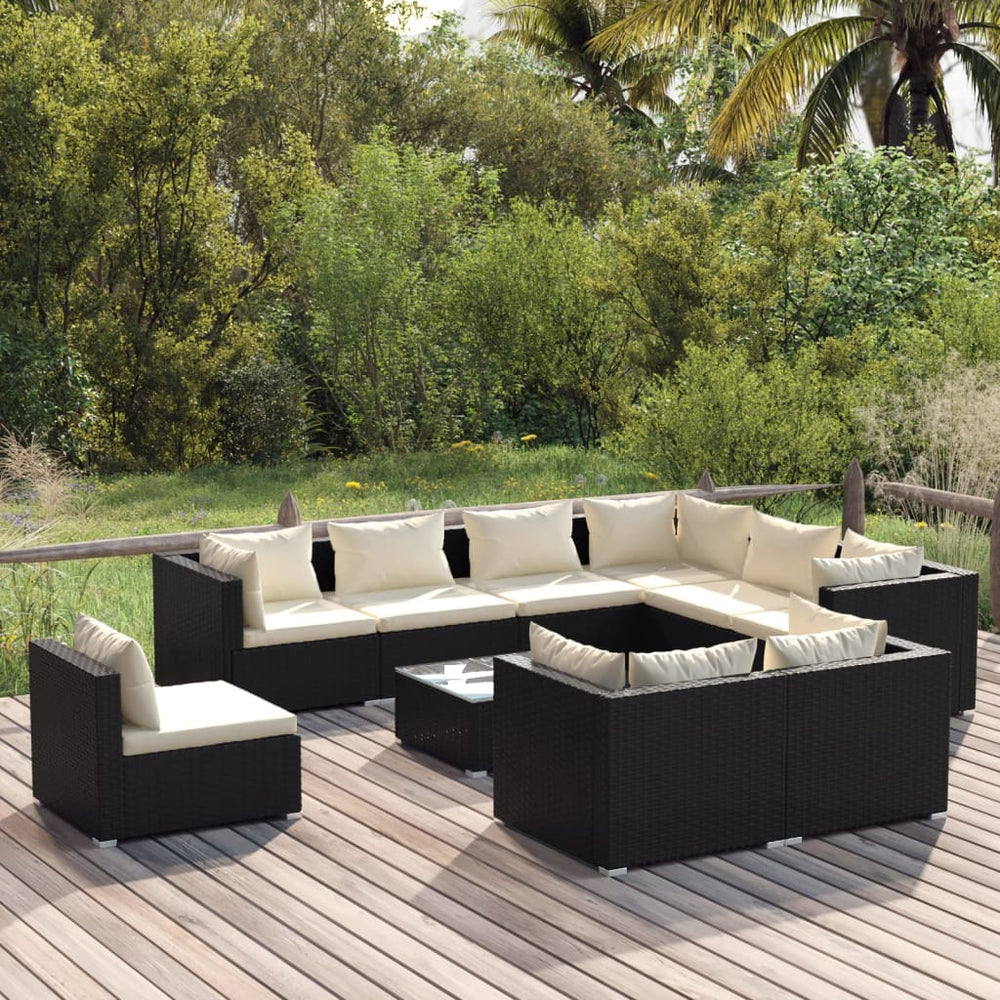 vidaXL 10-piece Garden Lounge Set with Cushions Poly Rattan Black