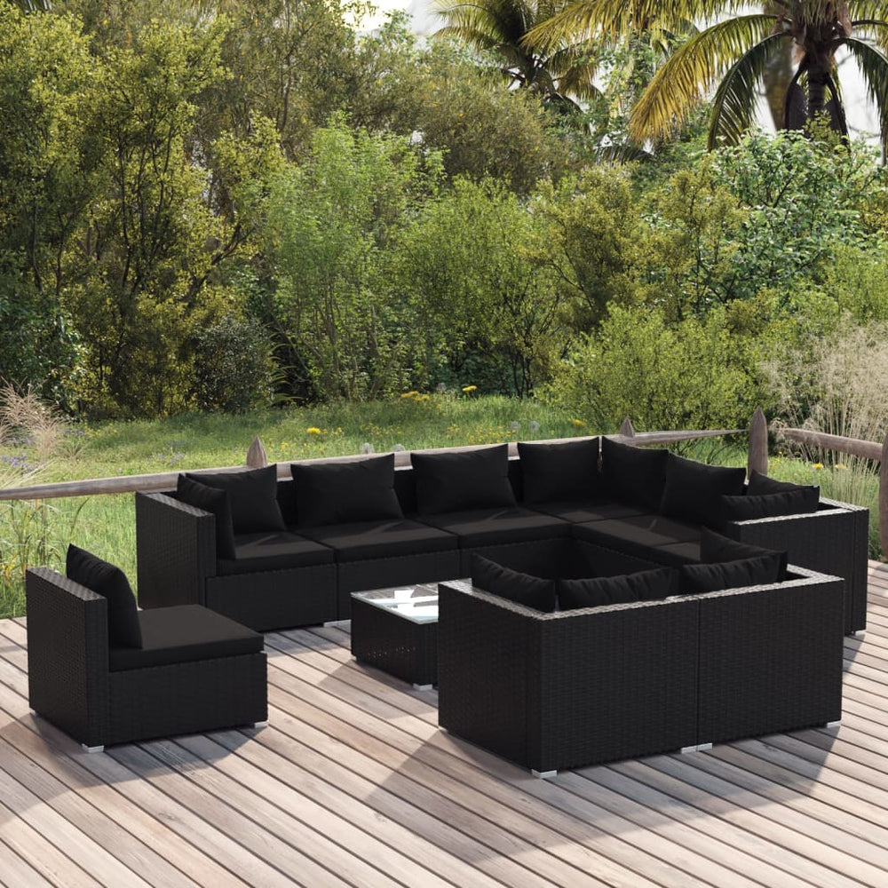 vidaXL 10-piece Garden Lounge Set with Cushions Poly Rattan Black