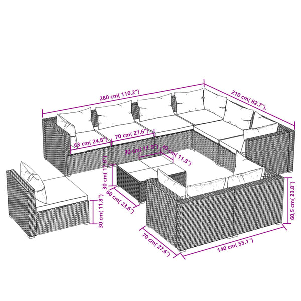 vidaXL 10-piece Garden Lounge Set with Cushions Poly Rattan Black