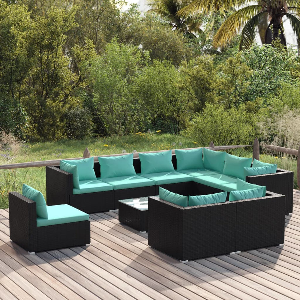 vidaXL 10-piece Garden Lounge Set with Cushions Poly Rattan Black