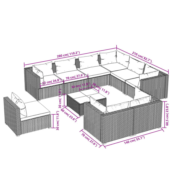 vidaXL 10-Piece Garden Lounge Set with Cushions Poly Rattan Brown