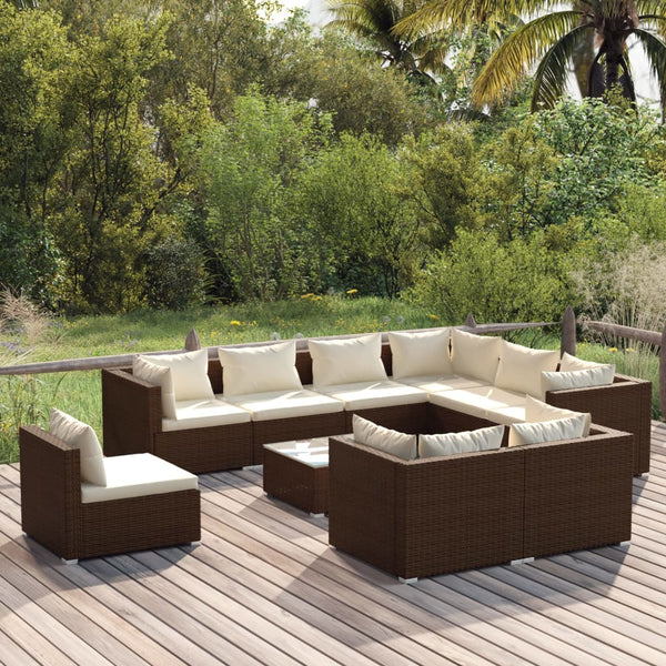 vidaXL 10-Piece Garden Lounge Set with Cushions Poly Rattan Brown