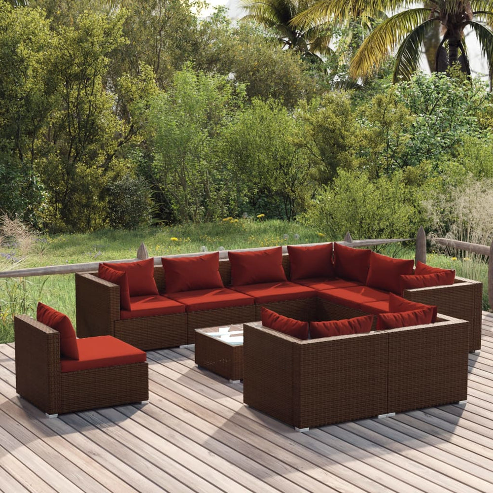 vidaXL 10-Piece Garden Lounge Set with Cushions Poly Rattan Brown