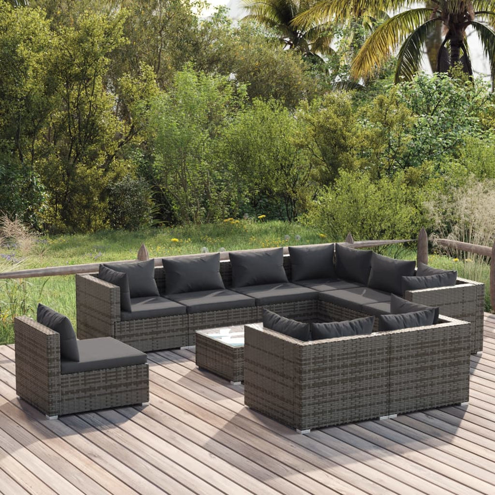 vidaXL 10-piece Garden Lounge Set with Cushions Poly Rattan Grey