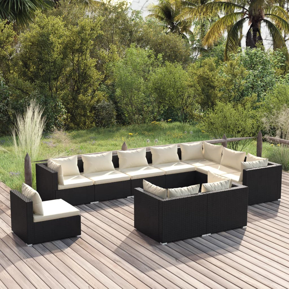 vidaXL 10-piece Garden Lounge Set with Cushions Poly Rattan Black