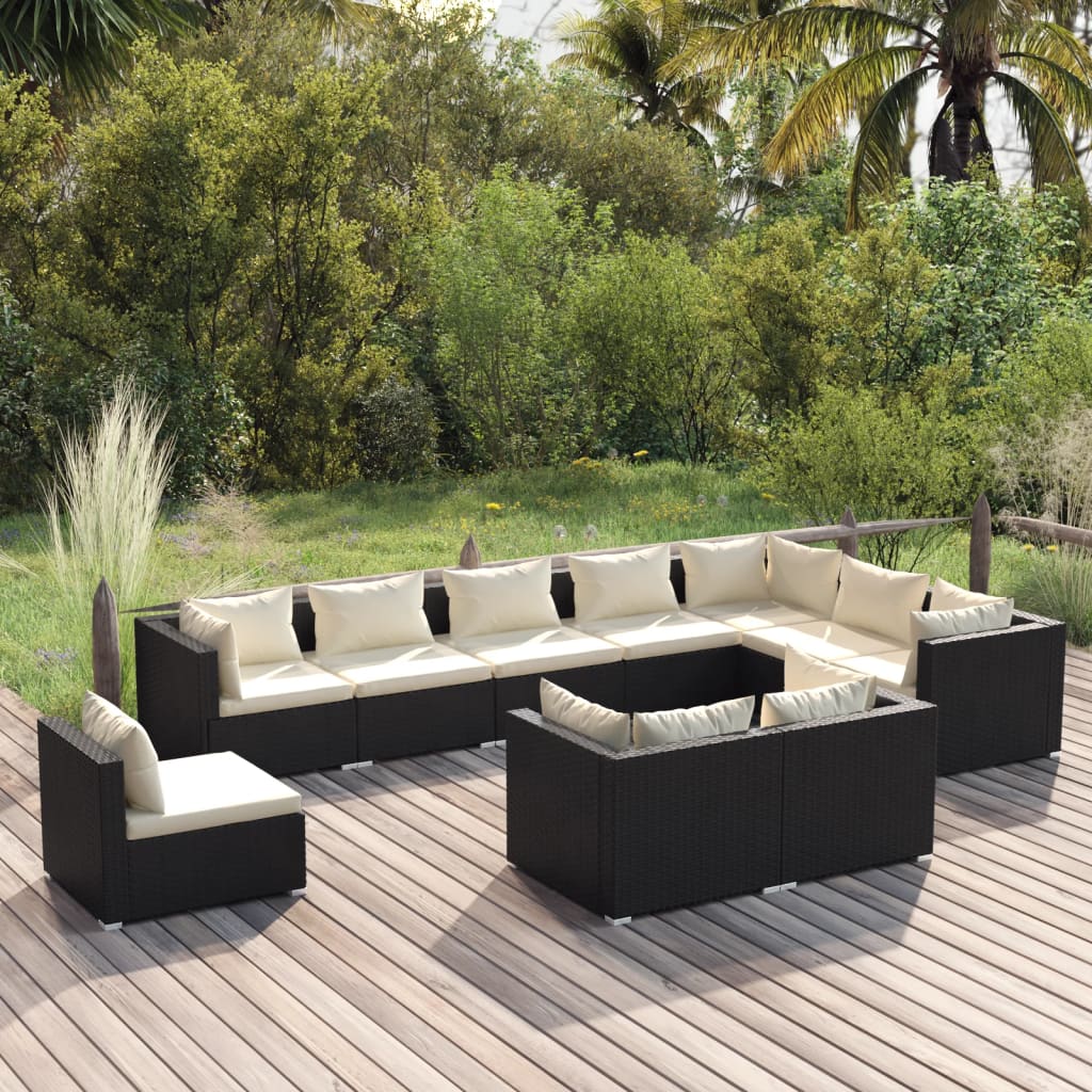 vidaXL 10-piece Garden Lounge Set with Cushions Poly Rattan Black