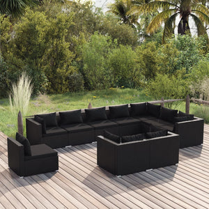 vidaXL 10-piece Garden Lounge Set with Cushions Poly Rattan Black