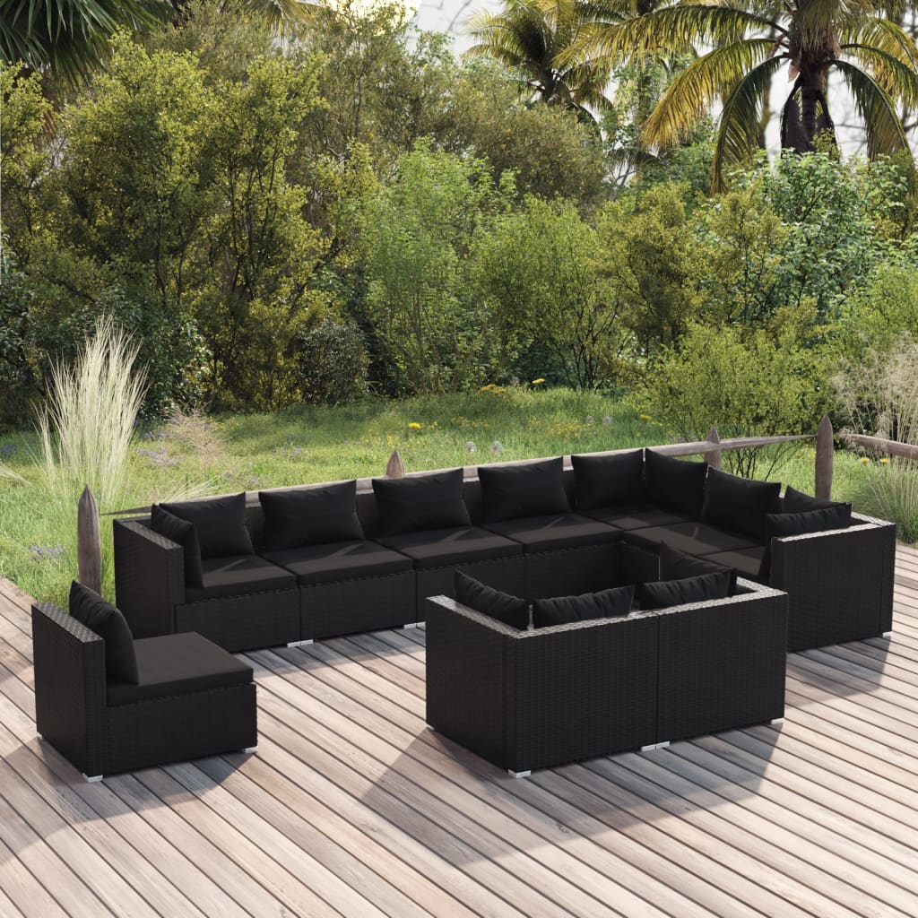 vidaXL 10-piece Garden Lounge Set with Cushions Poly Rattan Black