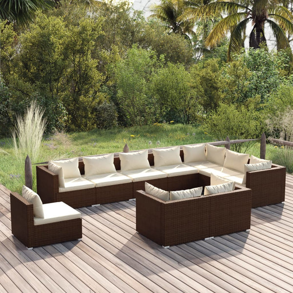 vidaXL 10-Piece Garden Lounge Set with Cushions Poly Rattan Brown