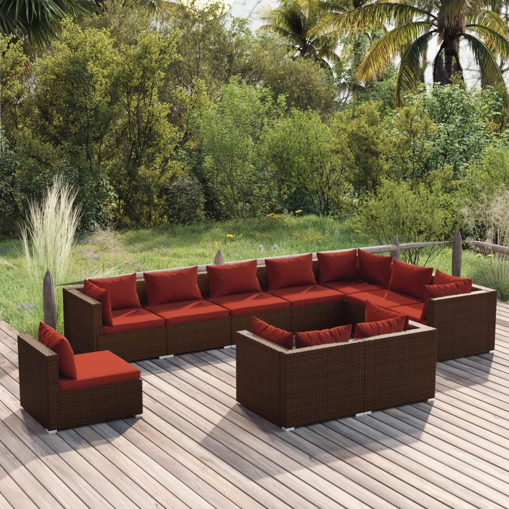 vidaXL 10-Piece Garden Lounge Set with Cushions Poly Rattan Brown