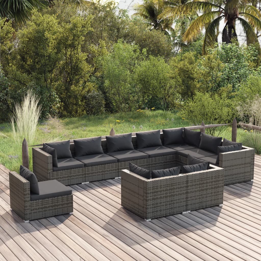 vidaXL 10-piece Garden Lounge Set with Cushions Poly Rattan Grey