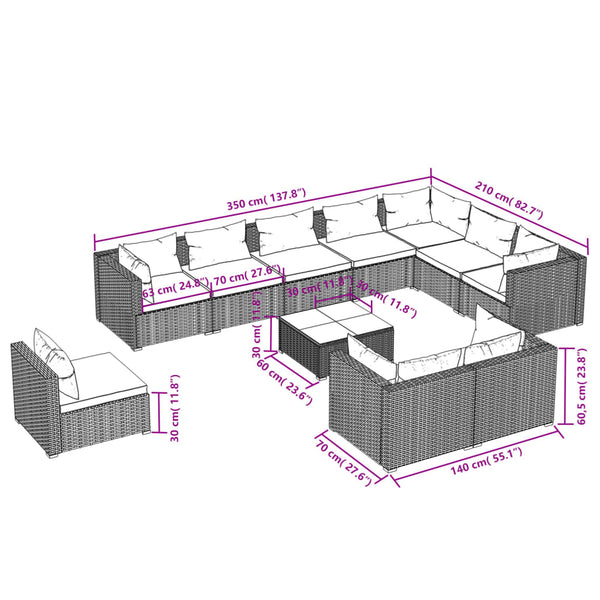 vidaXL 11-piece Garden Lounge Set with Cushions Poly Rattan Brown