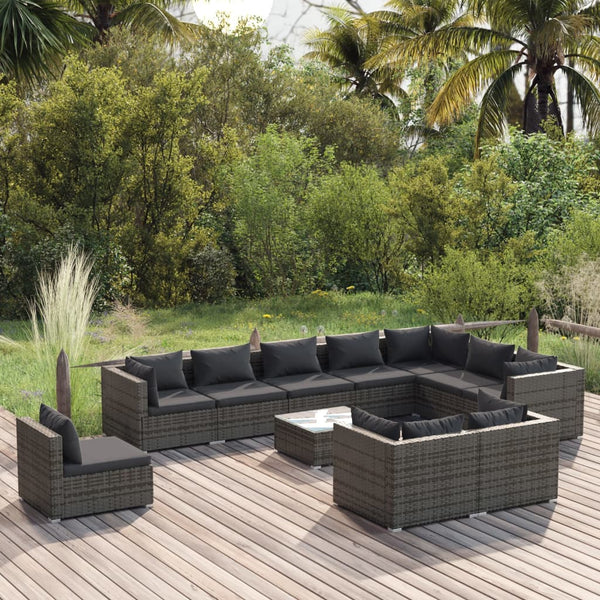 vidaXL 11-Piece Garden Lounge Set with Cushions Poly Rattan Grey