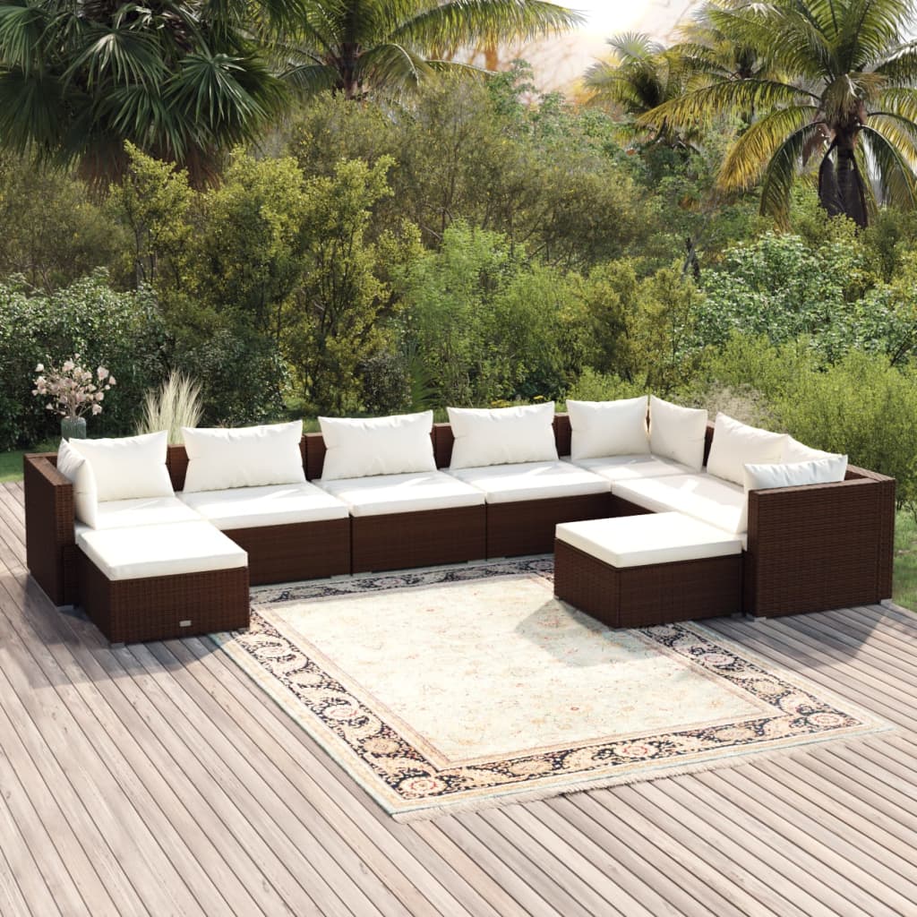 vidaXL 9-piece Garden Lounge Set with Cushions Poly Rattan Brown