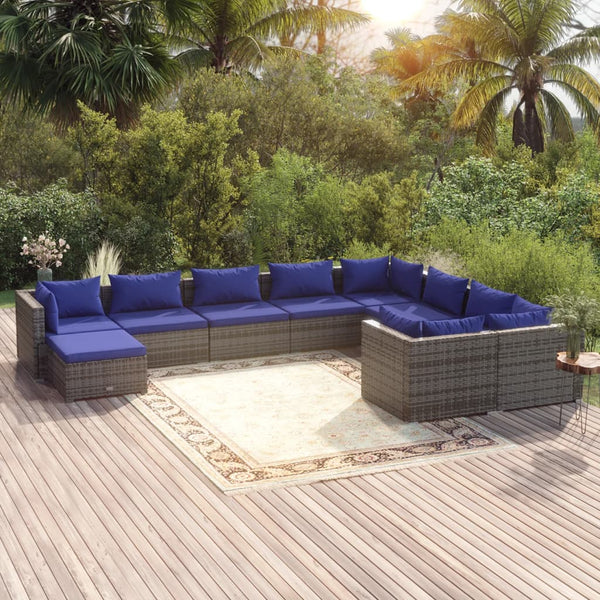 vidaXL 10-piece Garden Lounge Set with Cushions Poly Rattan Grey