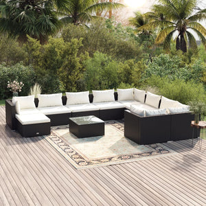 vidaXL 11-Piece Garden Lounge Set with Cushions Poly Rattan Black