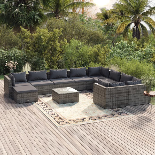 vidaXL 11-Piece Garden Lounge Set with Cushions Poly Rattan Grey