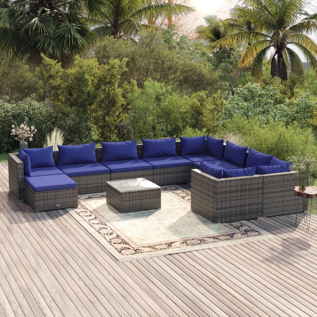 vidaXL 11-Piece Garden Lounge Set with Cushions Poly Rattan Grey