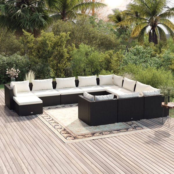 vidaXL 11-Piece Garden Lounge Set with Cushions Poly Rattan Black