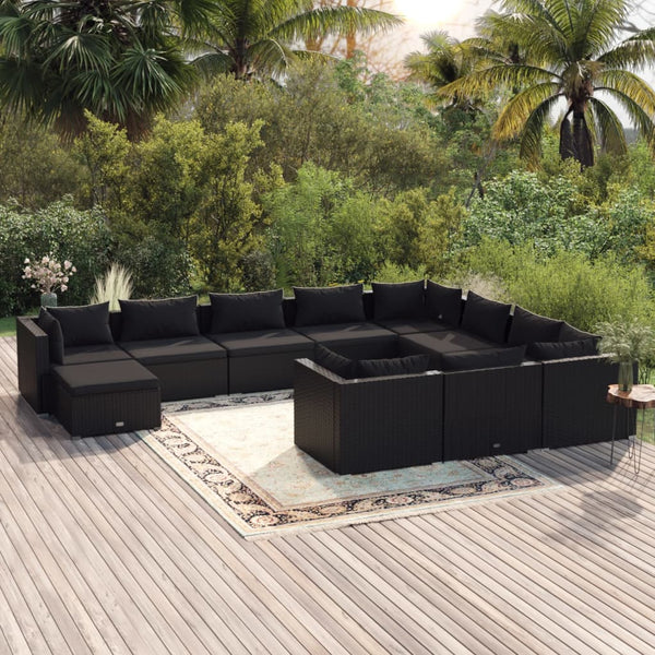 vidaXL 11-Piece Garden Lounge Set with Cushions Poly Rattan Black