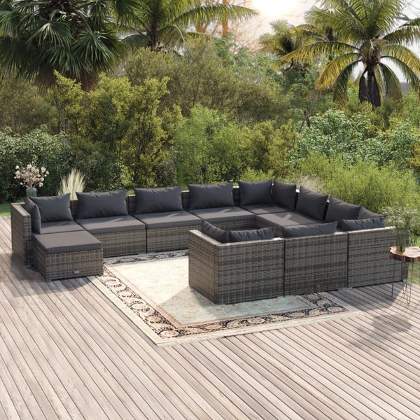 vidaXL 11-Piece Garden Lounge Set with Cushions Poly Rattan Grey