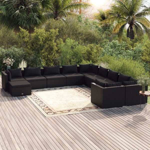 vidaXL 11-Piece Garden Lounge Set with Cushions Poly Rattan Black