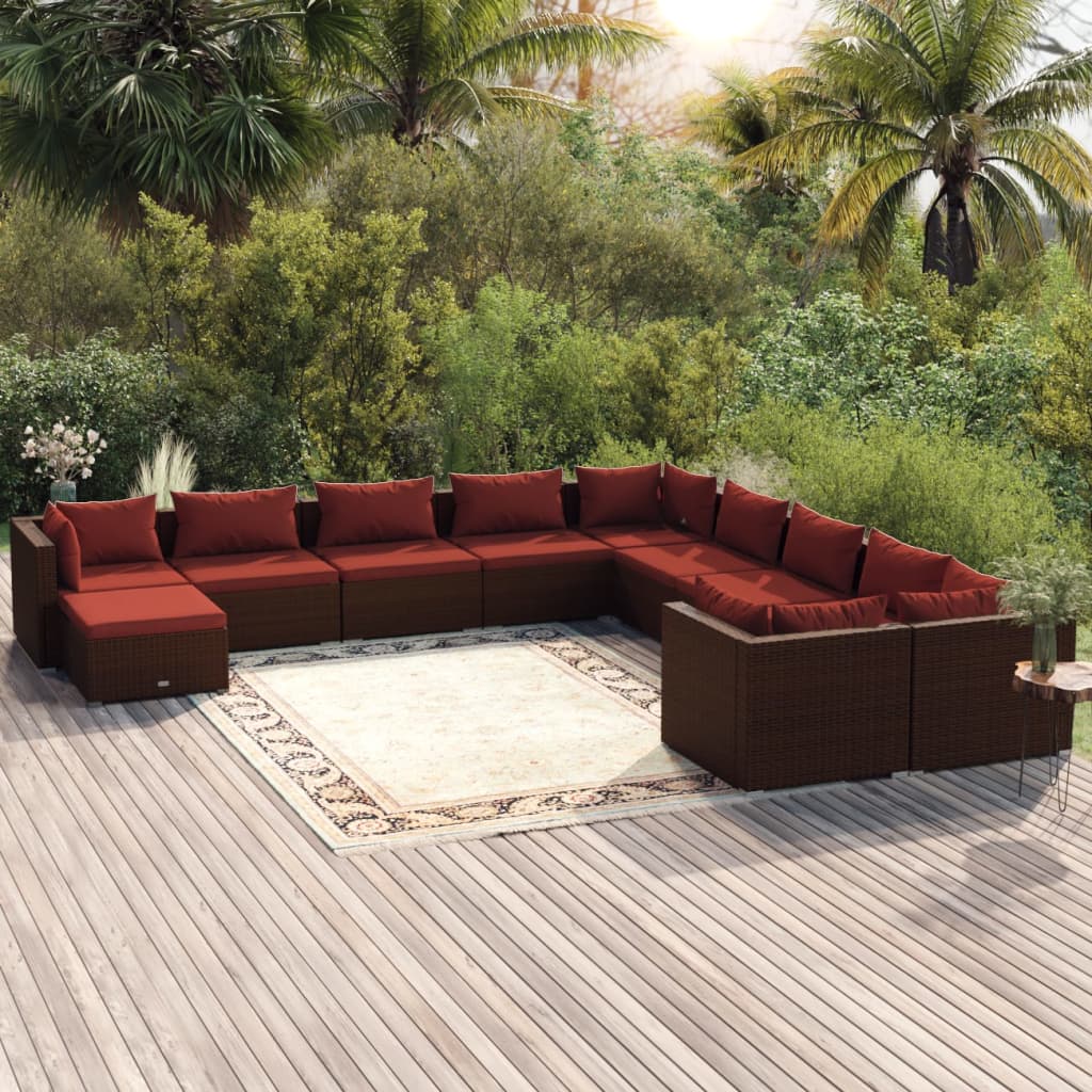 vidaXL 11-piece Garden Lounge Set with Cushions Poly Rattan Brown