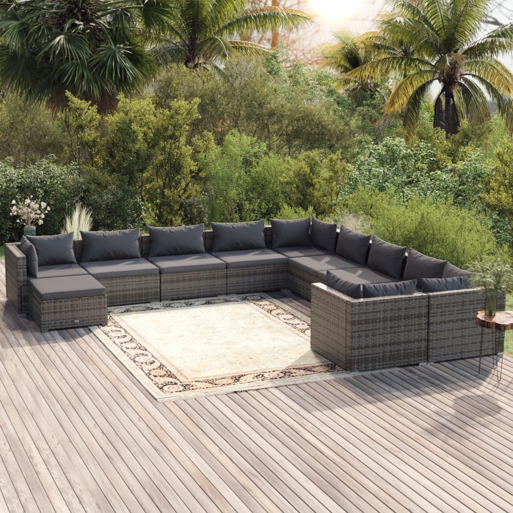 vidaXL 11-Piece Garden Lounge Set with Cushions Poly Rattan Grey