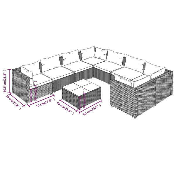 vidaXL 9-piece Garden Lounge Set with Cushions Poly Rattan Grey