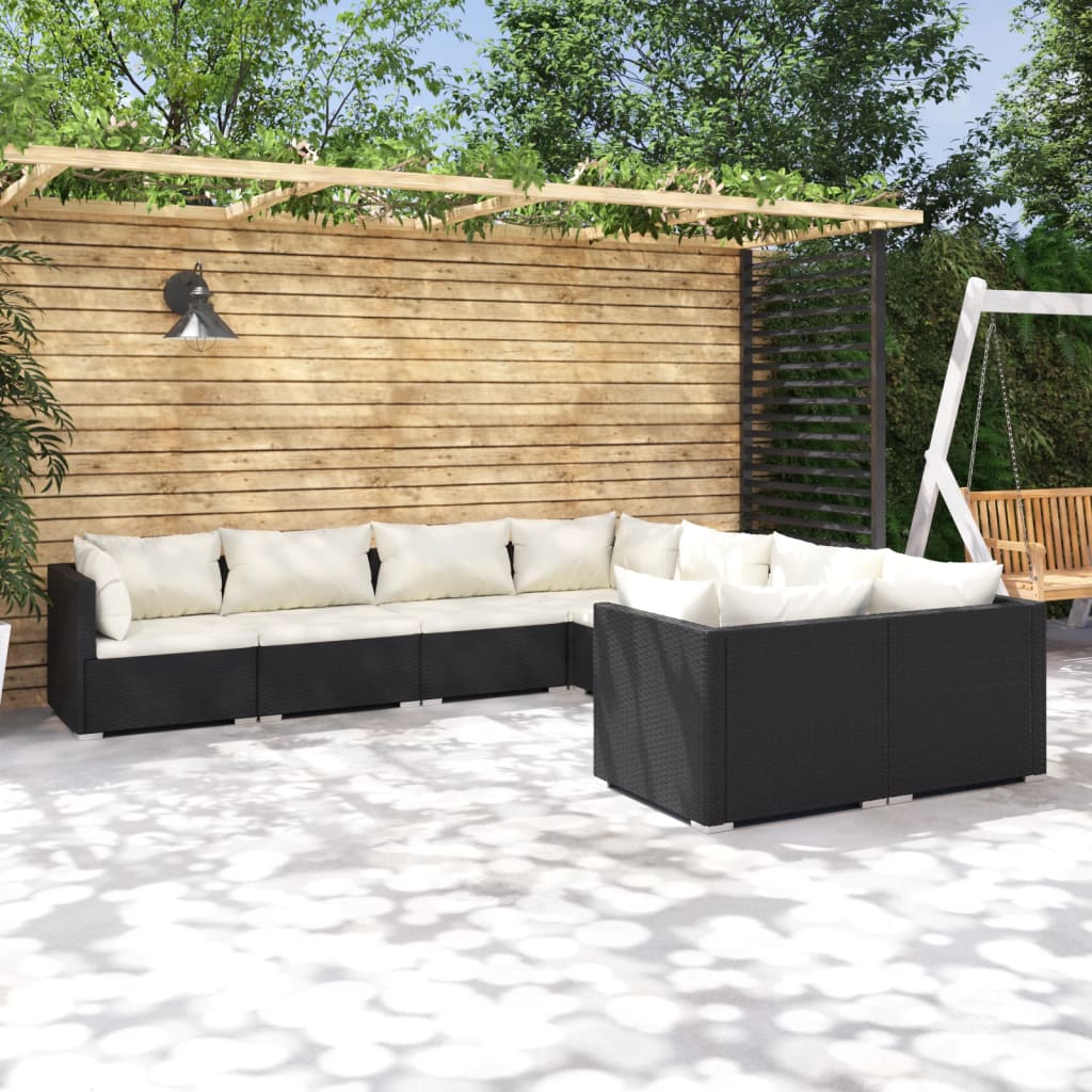 vidaXL 8-piece Garden Lounge Set with Cushions Poly Rattan Black
