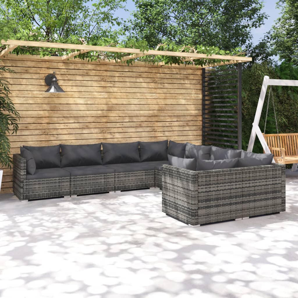 vidaXL 8-piece Garden Lounge Set with Cushions Poly Rattan Grey