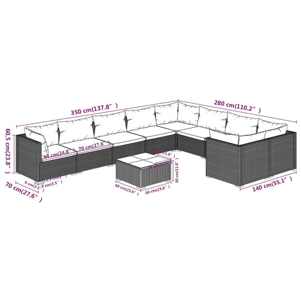 vidaXL 10-piece Garden Lounge Set with Cushions Poly Rattan Black