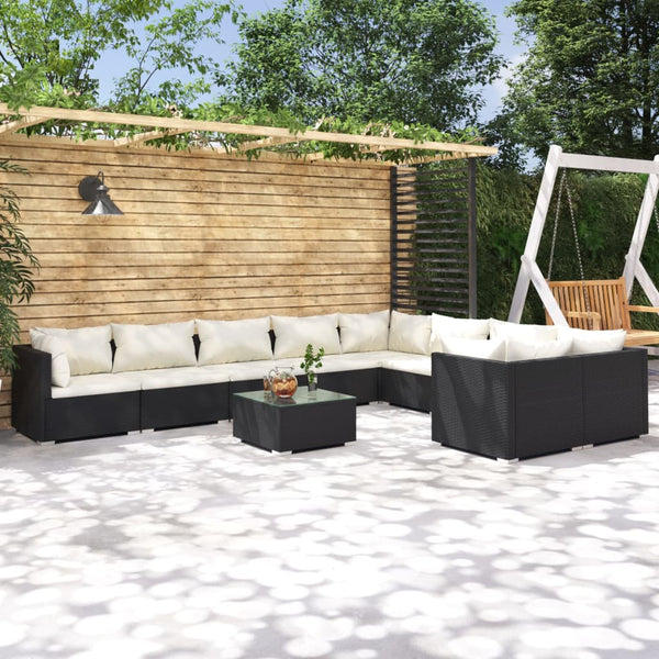 vidaXL 10-piece Garden Lounge Set with Cushions Poly Rattan Black