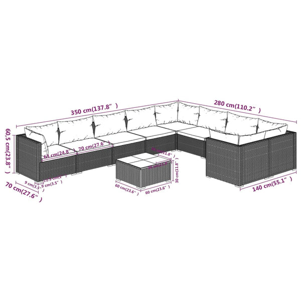 vidaXL 10-piece Garden Lounge Set with Cushions Poly Rattan Black