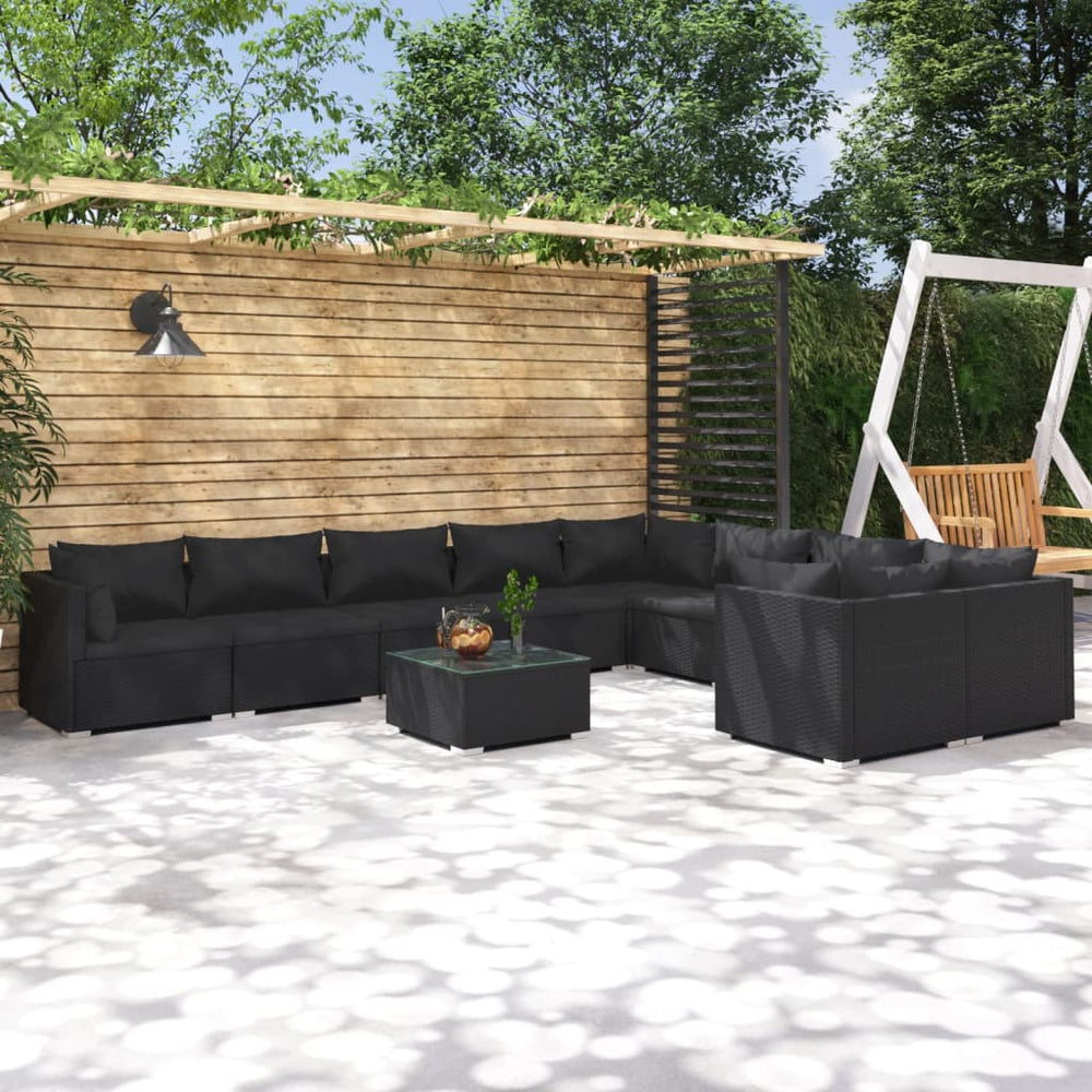 vidaXL 10-piece Garden Lounge Set with Cushions Poly Rattan Black