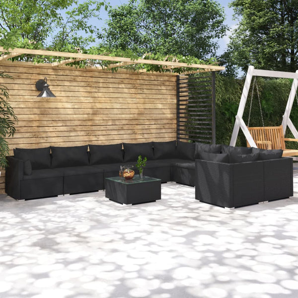 vidaXL 10-piece Garden Lounge Set with Cushions Poly Rattan Black