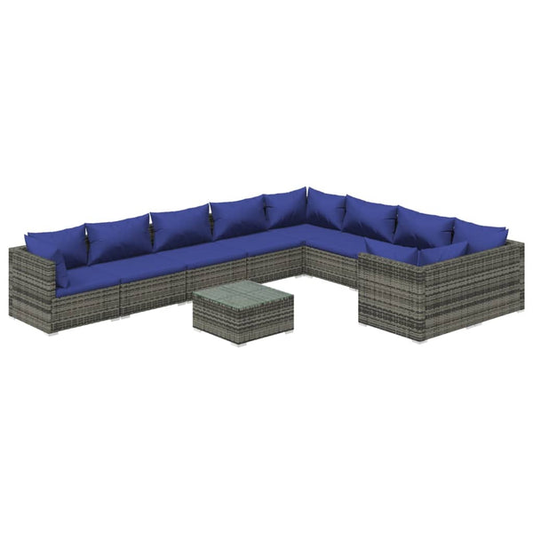 vidaXL 10-piece Garden Lounge Set with Cushions Poly Rattan Grey