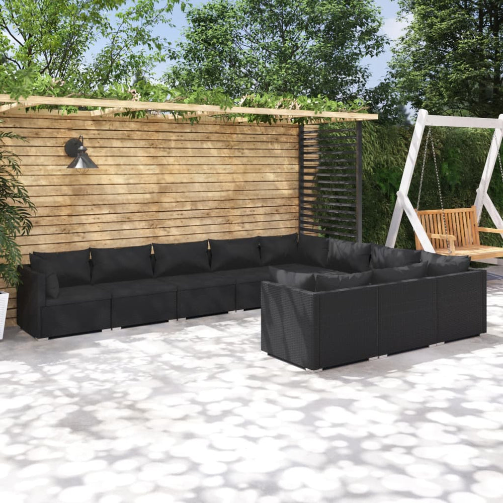 vidaXL 10-piece Garden Lounge Set with Cushions Poly Rattan Black