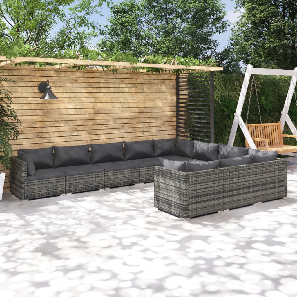 vidaXL 10-piece Garden Lounge Set with Cushions Poly Rattan Grey