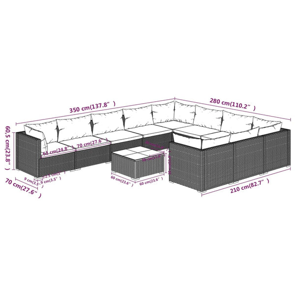 vidaXL 11-Piece Garden Lounge Set with Cushions Poly Rattan Grey