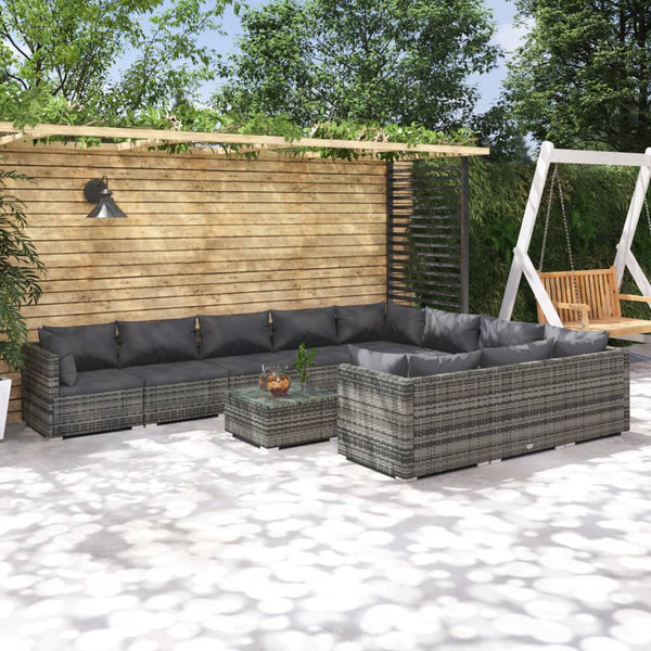 vidaXL 11-Piece Garden Lounge Set with Cushions Poly Rattan Grey