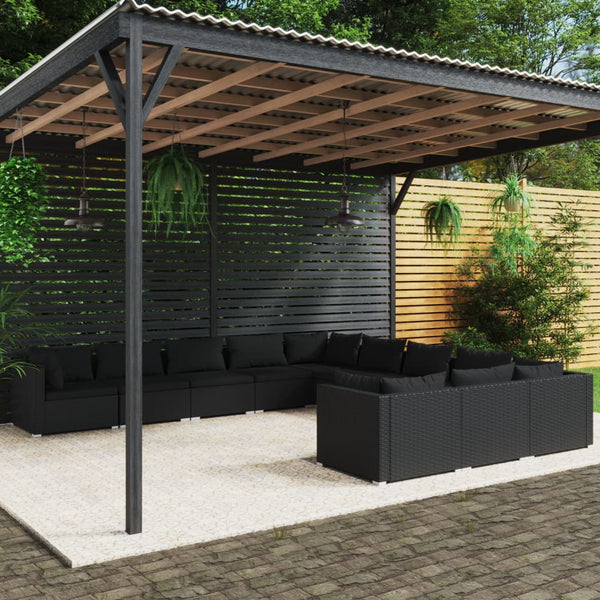 vidaXL 11-Piece Garden Lounge Set with Cushions Poly Rattan Black