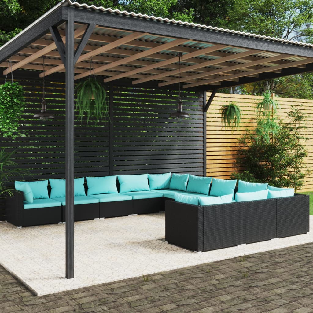 vidaXL 11-Piece Garden Lounge Set with Cushions Poly Rattan Black