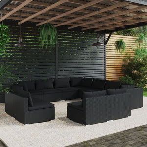 vidaXL 11-Piece Garden Lounge Set with Cushions Black Poly Rattan