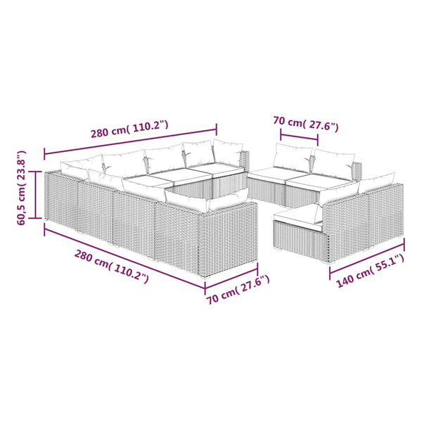 vidaXL 11-Piece Garden Lounge Set with Cushions Brown Poly Rattan
