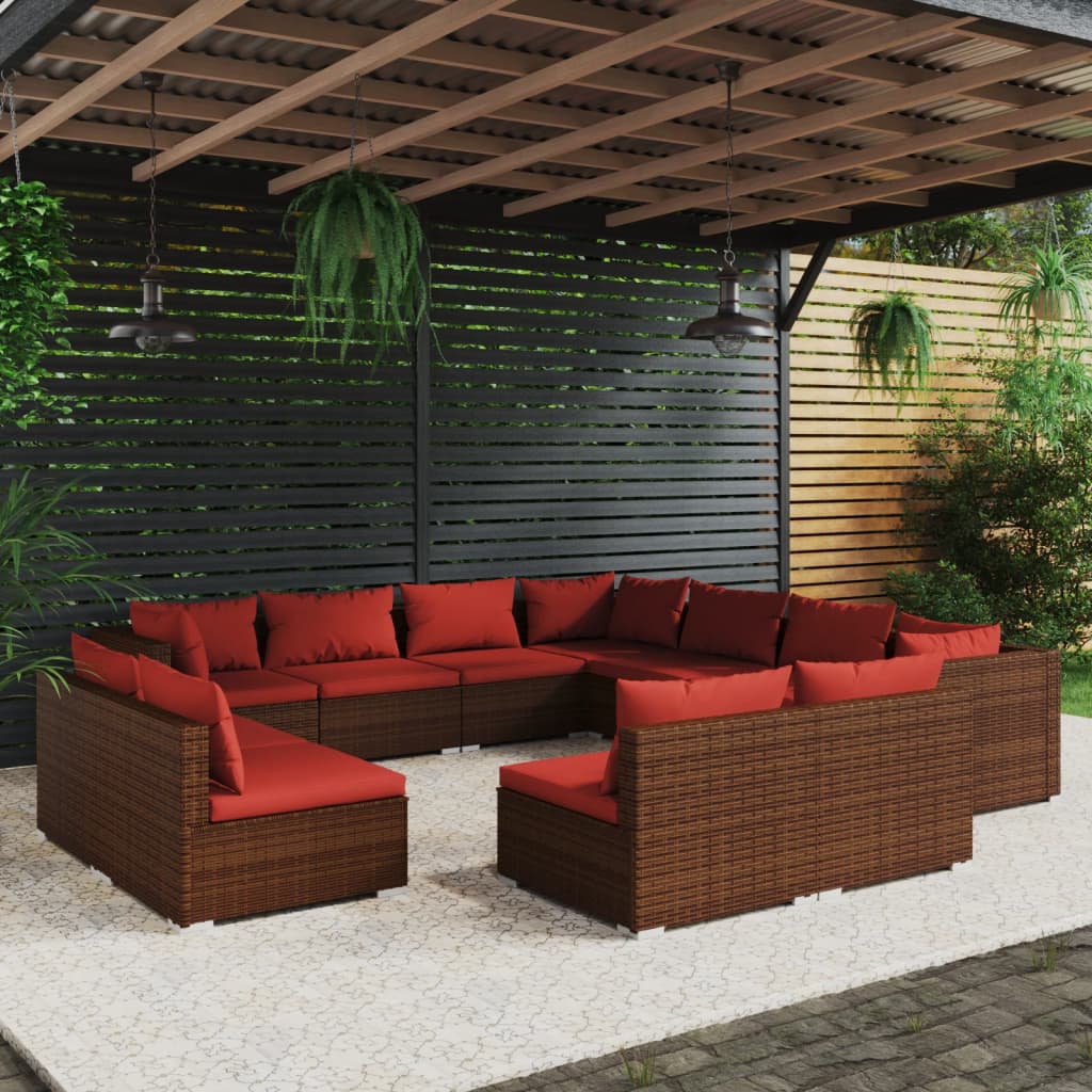 vidaXL 11-Piece Garden Lounge Set with Cushions Brown Poly Rattan