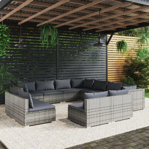 vidaXL 11-pc. Garden Lounge Set with Cushions Grey Poly Rattan